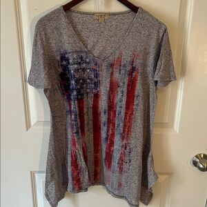 Gray V-Neck Top with Flag Design